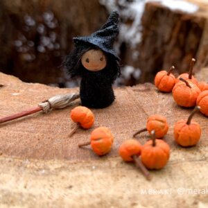 miniature witch with mini pumpkins