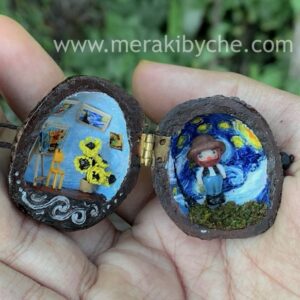 Miniature Van Gogh walnut house diorama Starry night and sunflowers