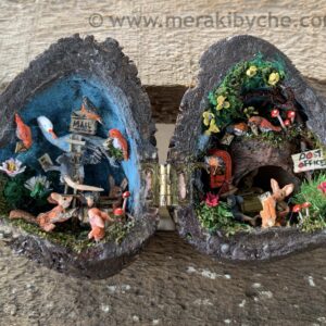 Miniature jungle mail nutshell house with tiny animals, polymer clay miniatures, mini birds, post office diorama, mail delivery diorama